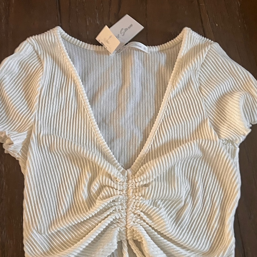 Cream Ribbed Ruched Blouse - Picture 2 of 7